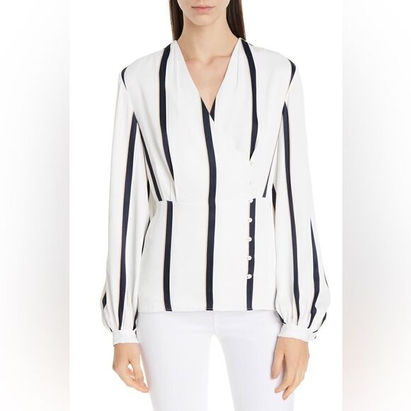 EUC Equipment White silk blouse, side button detailing and billowy sleeves Sz. S - Picture 1 of 8